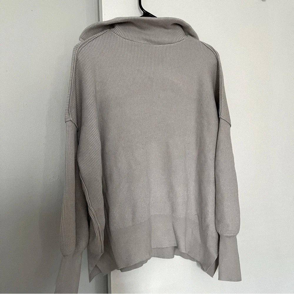 Long Sleeve 1/4 Zipper Collar Drop Shoulder Oversized Slouchy Sweater with Slit - Picture 8 of 8